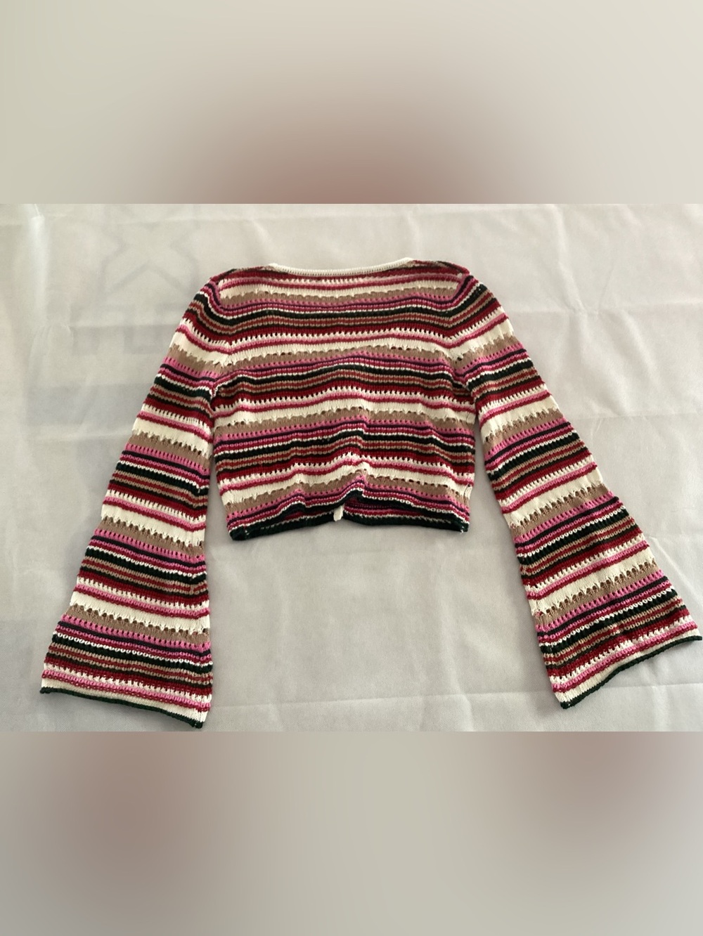 Altar'd State Pink Cream Brown Striped Crochet Tie-Front V-Neck Sweater Top #15 - Picture 3 of 4